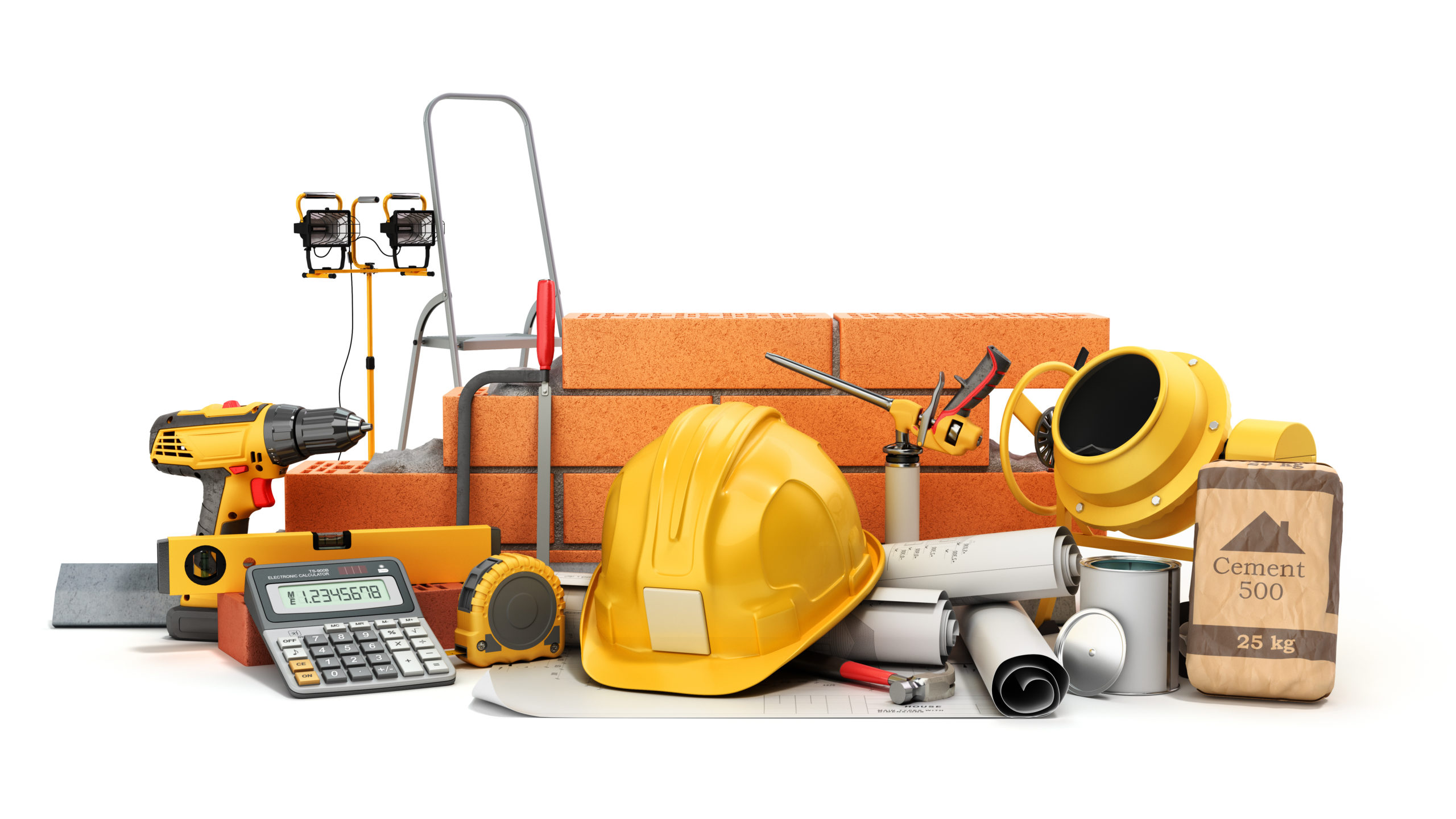 Modern Construction Costing Concept Hard Hat Bricks Wall And Tap