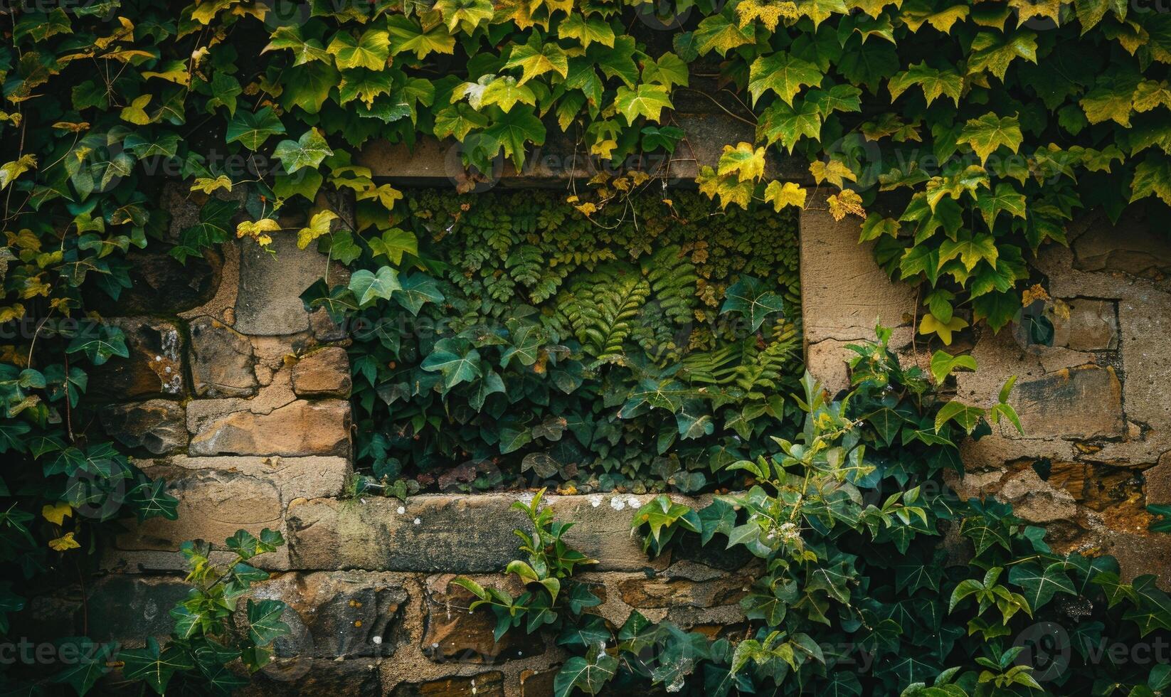 Ai Generated Old Brick Wall With Green Ivy Leaves Natural Vintage Background Photo