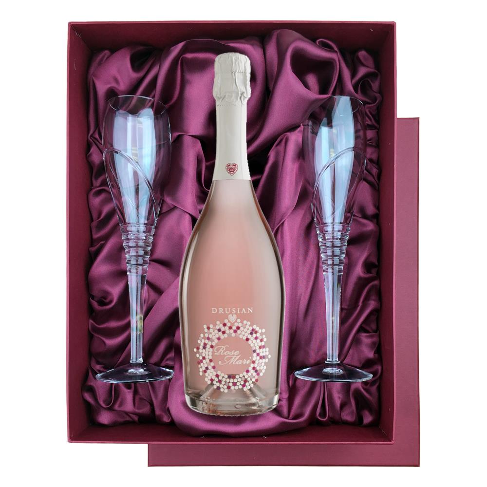 Drusian Spumante Rose Mari Prosecco In Burgundy Luxury Presentation Set With Flutes
