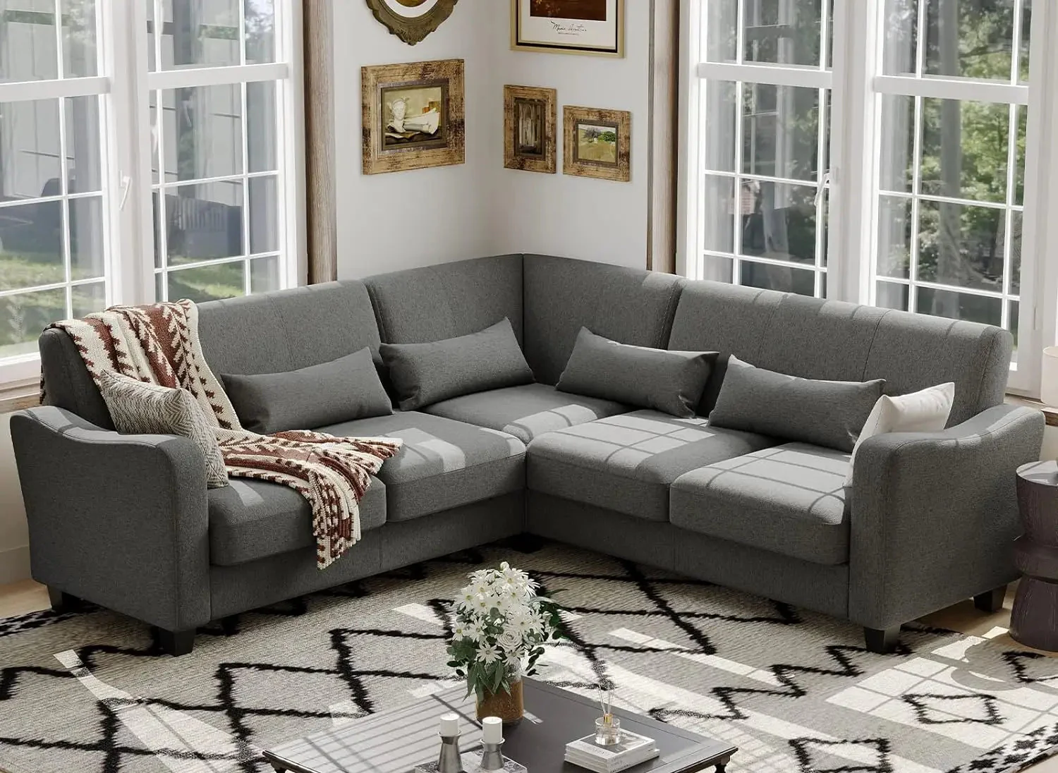 Homeliving Bluish Gray L Shaped United States Fabric L Shaped Sofa Small Sectional Couch With Chaise Solid Corner Sofa Small L Couches 4 Seater Sofa Bluish Grey 34328447811724