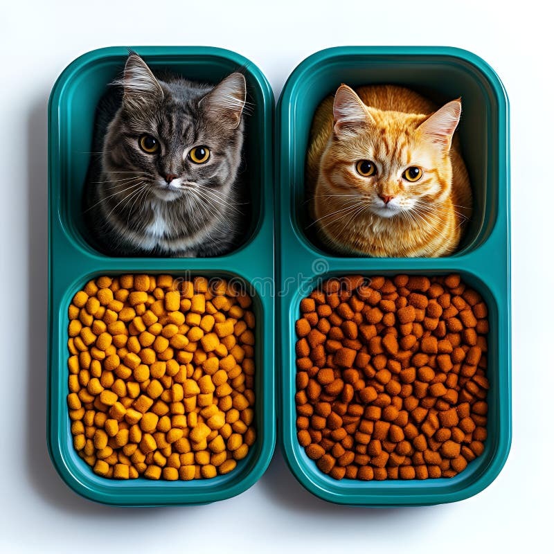 Two Cats Look Camera Their Food