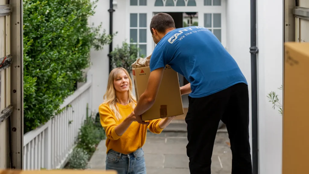 Women Giving Box To Home Removals Driver